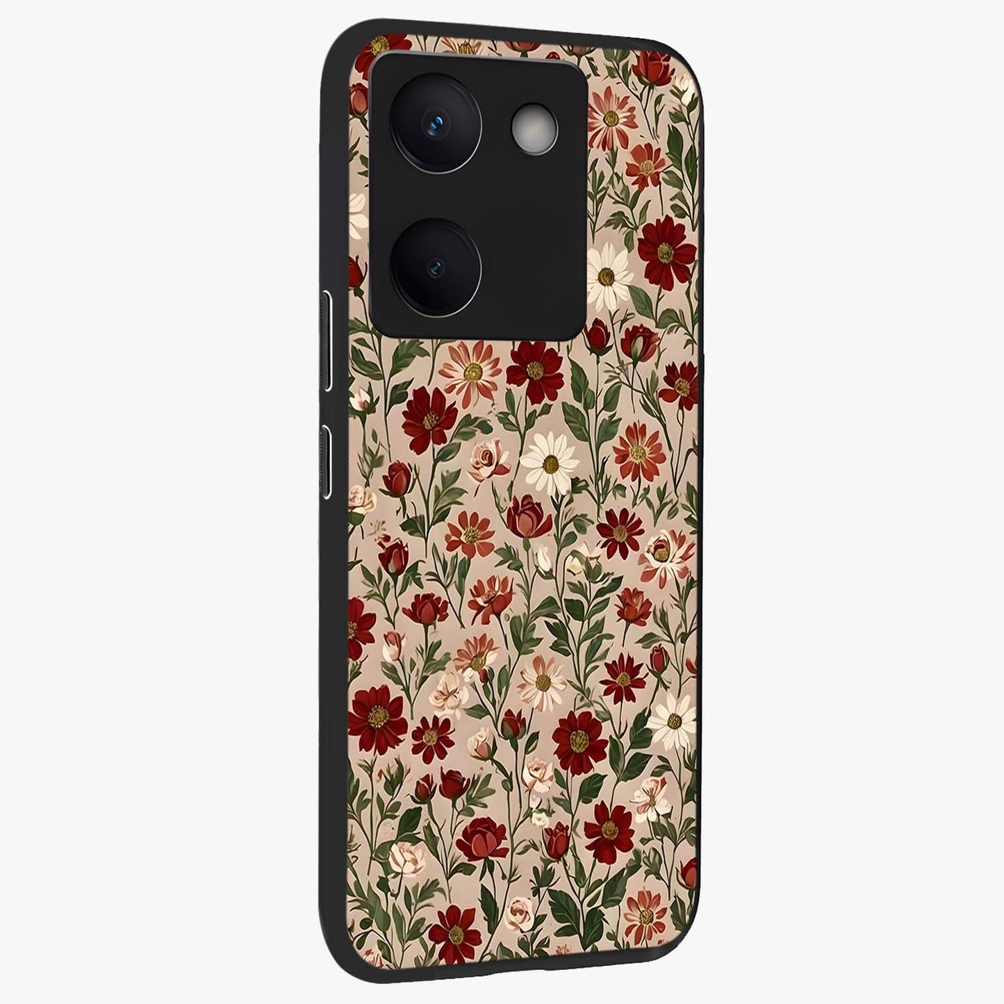 Biege Flower With Leaf Glass Case upright view showcasing delicate beige flower illustration with clean botanical style.