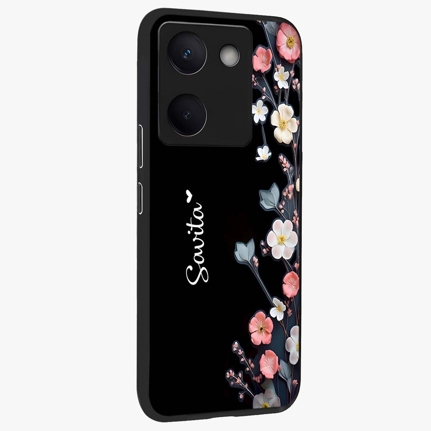 Black Elegance Floral Custom Name Glass Case upright view showcasing luxurious black floral design with personalized name detail.