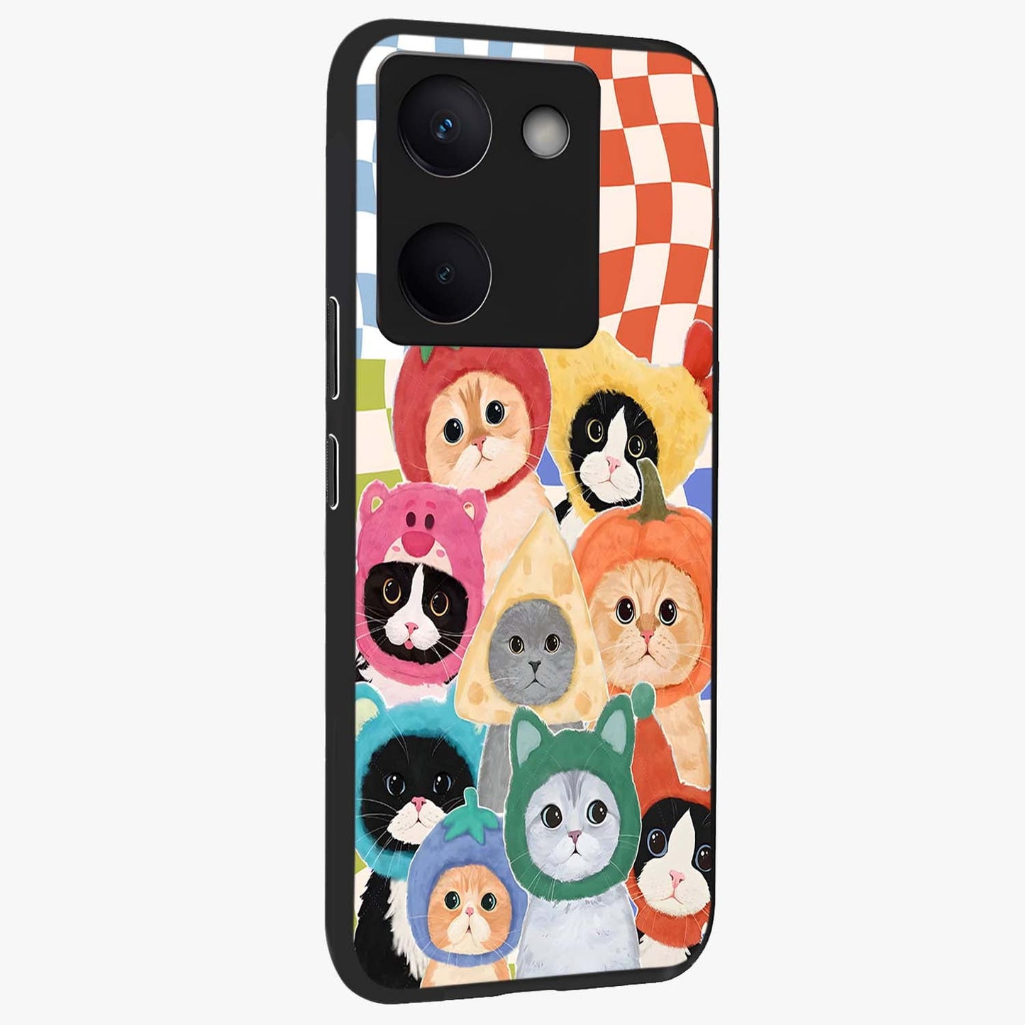 Cats in Fruits Glass Case upright view showcasing charming cat artwork with fun fruity theme.
