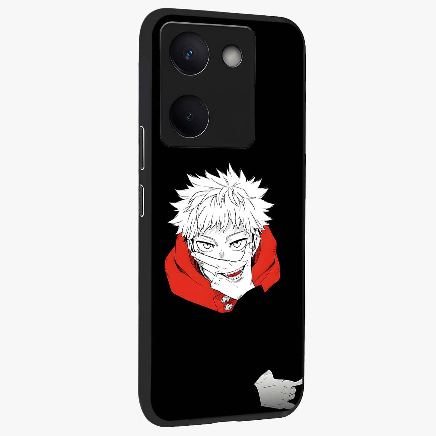 Crimson Chaos Smile Glass Case upright view showcasing expressive chaotic artwork with striking visual theme.