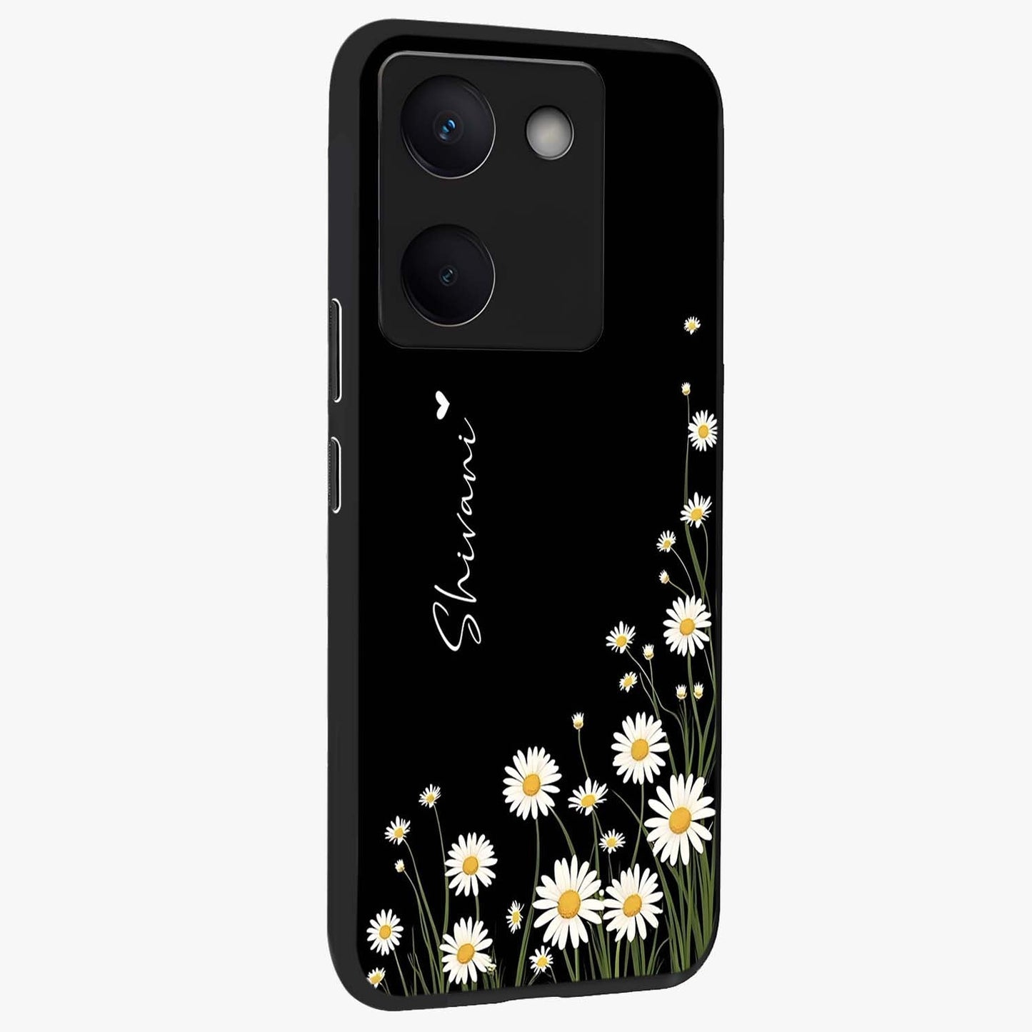 Daisy Cascade Custom Name Glass Case upright view showcasing elegant floral cascade design with personalized aesthetic.