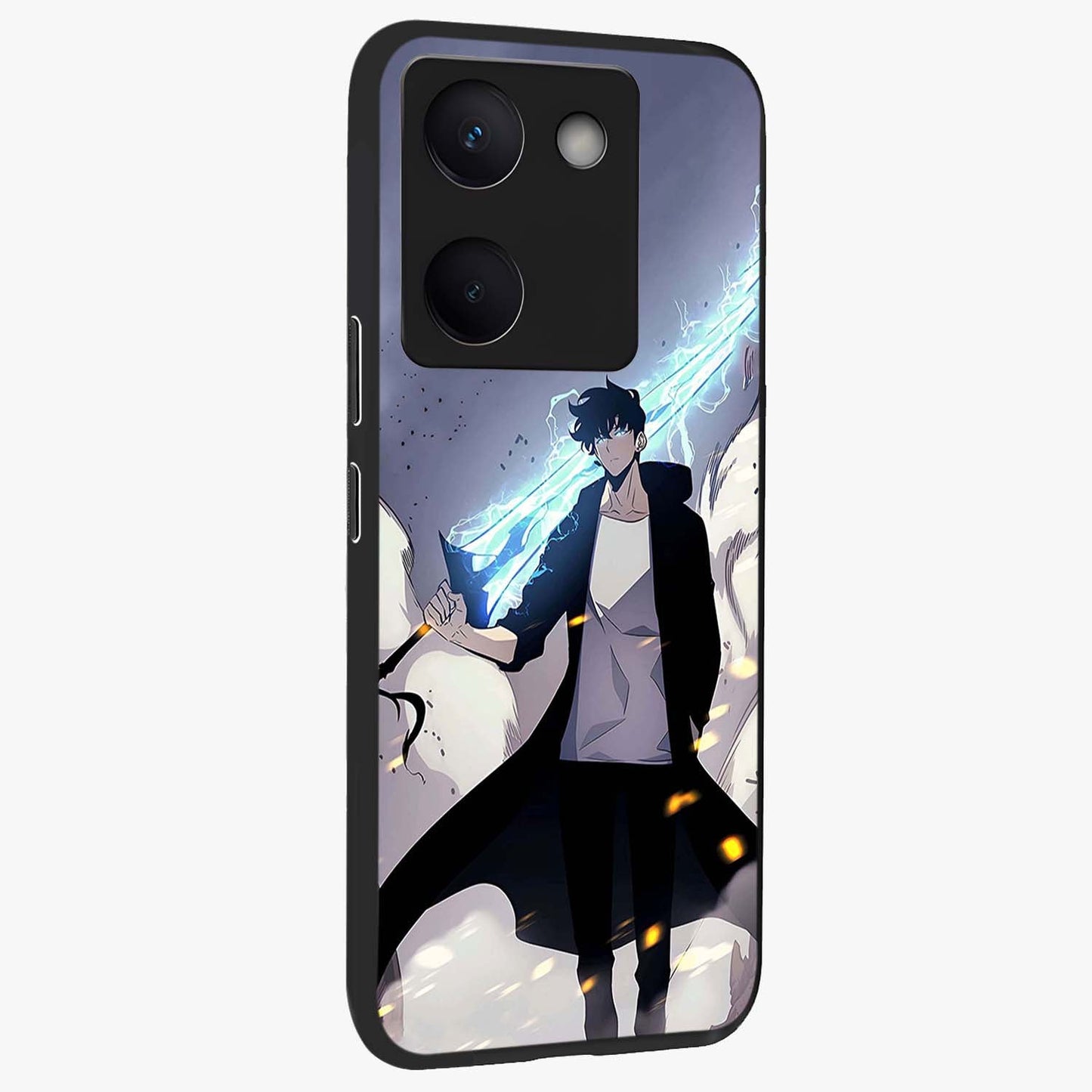 Dark Lightning Anime Warrior Glass Case upright view showcasing dramatic warrior artwork with dark lightning aesthetic.