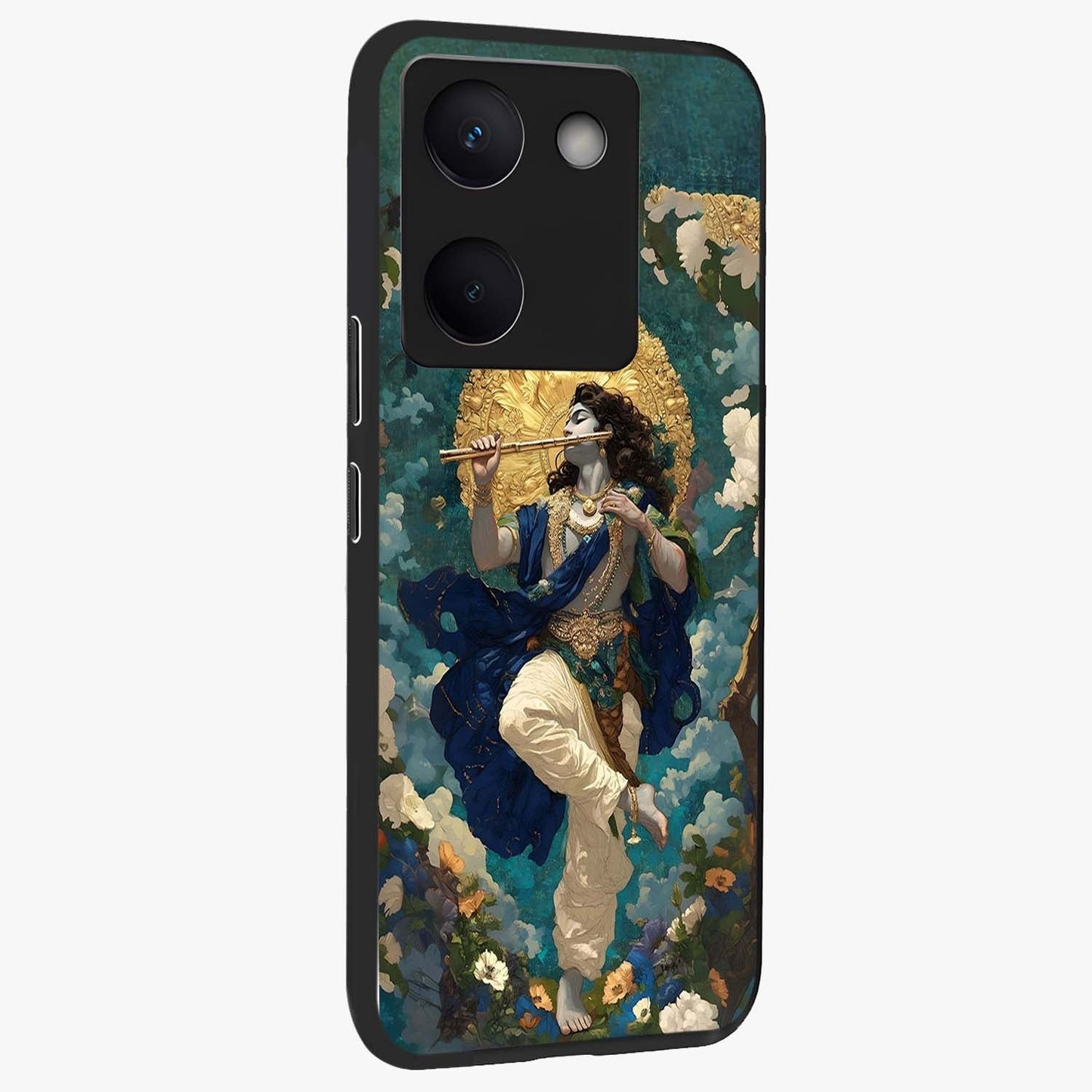 Divine Krishna Art Glass Case upright view showcasing divine Krishna artwork with sacred artistic theme.