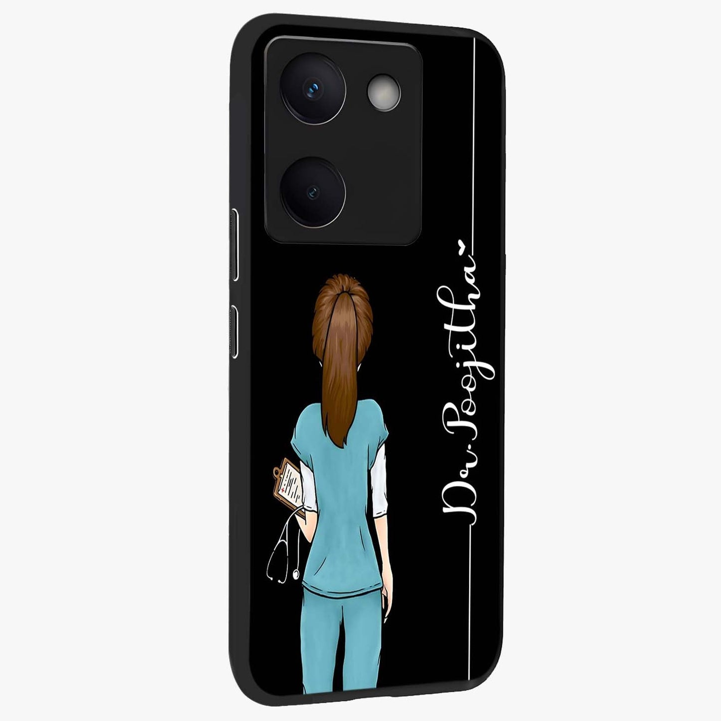 Doctor Pattern Custom Name Glass Case upright view showcasing healthcare themed design with personalized aesthetic.