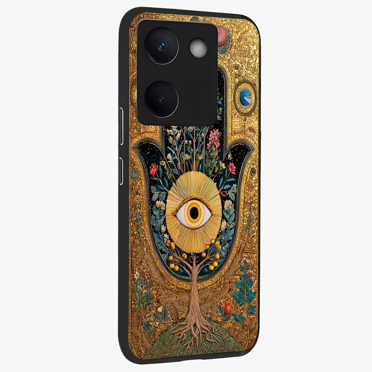Ethereal Evil Eye Glass Case upright view showcasing celestial evil eye artwork with mystical theme.