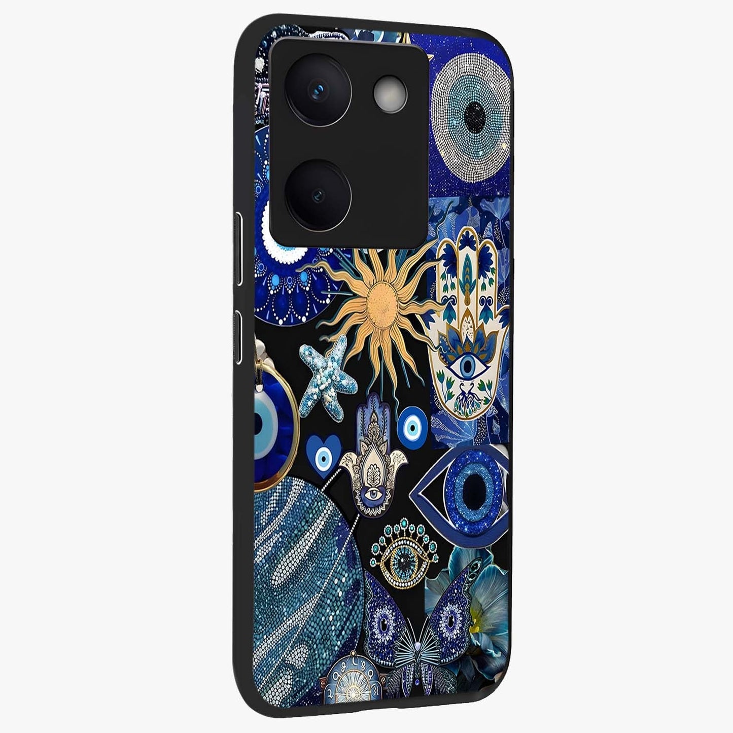 Evil Eye Charm Mix Glass Case upright view showcasing mystical evil eye pattern with vibrant decorative style.