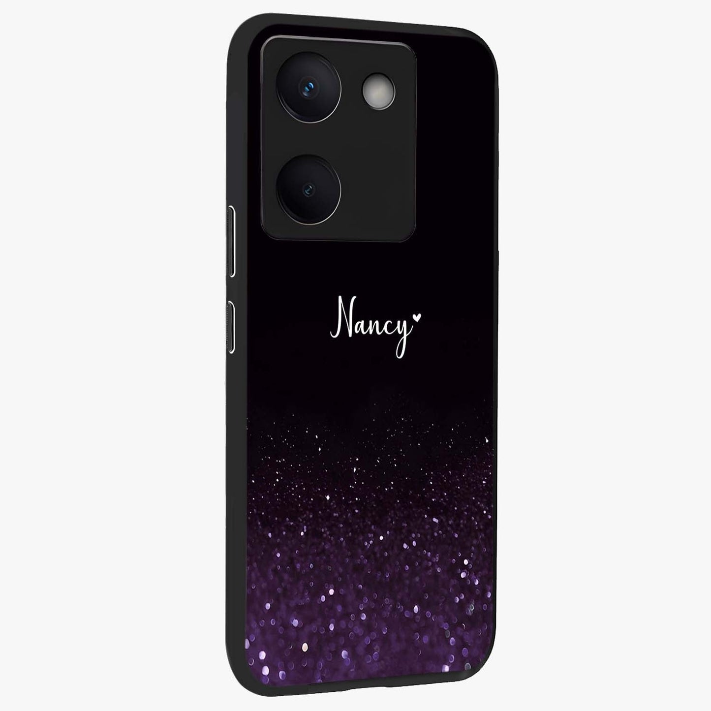 Glittery Purple Bokeh Custom Name Glass Case upright view showcasing vibrant purple sparkle artwork with personalized aesthetic style.