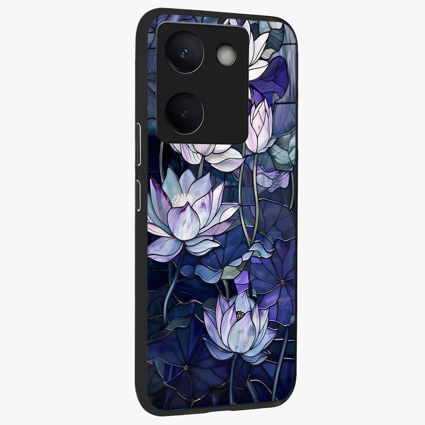 Gloss Petal Rush Glass Case upright view showcasing dynamic floral petal artwork with modern botanical theme.