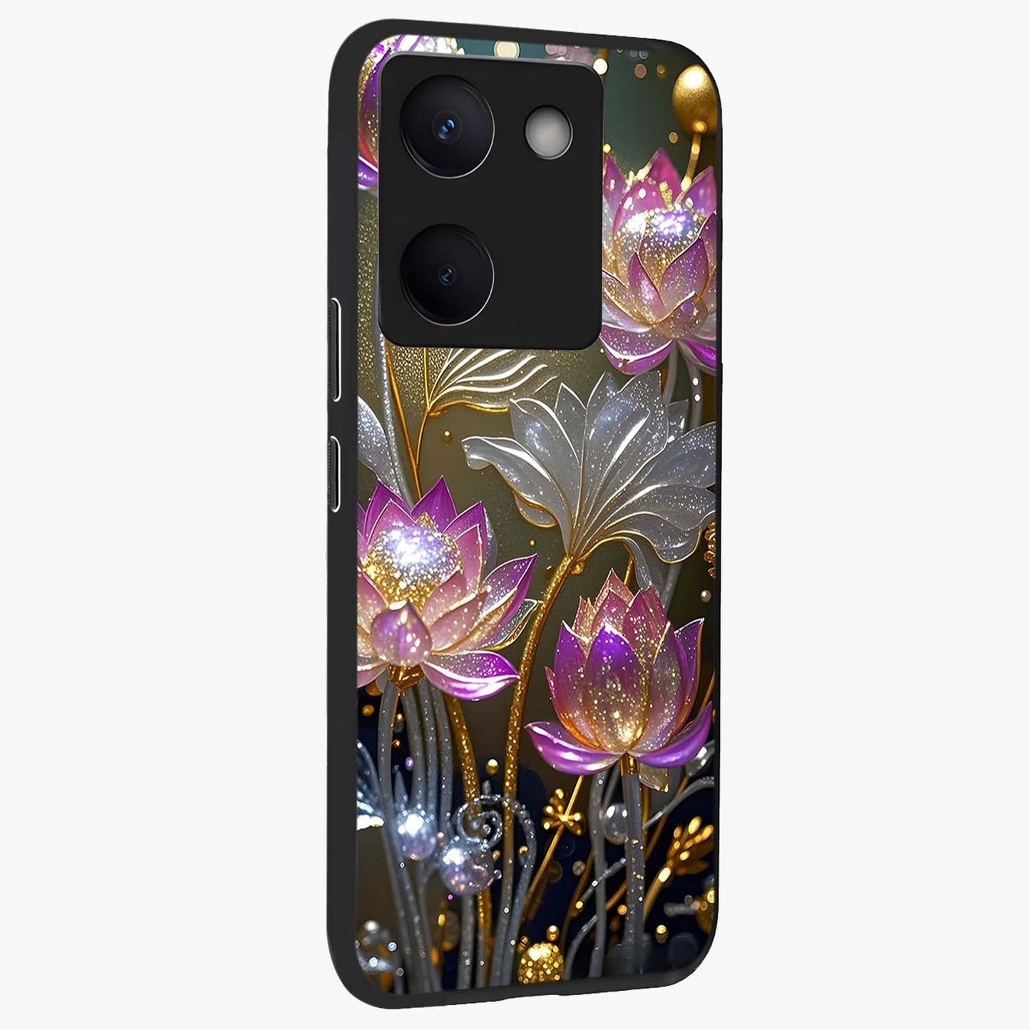 Golden Floral Majesty Glass Case upright view showcasing majestic floral artwork with rich decorative theme.