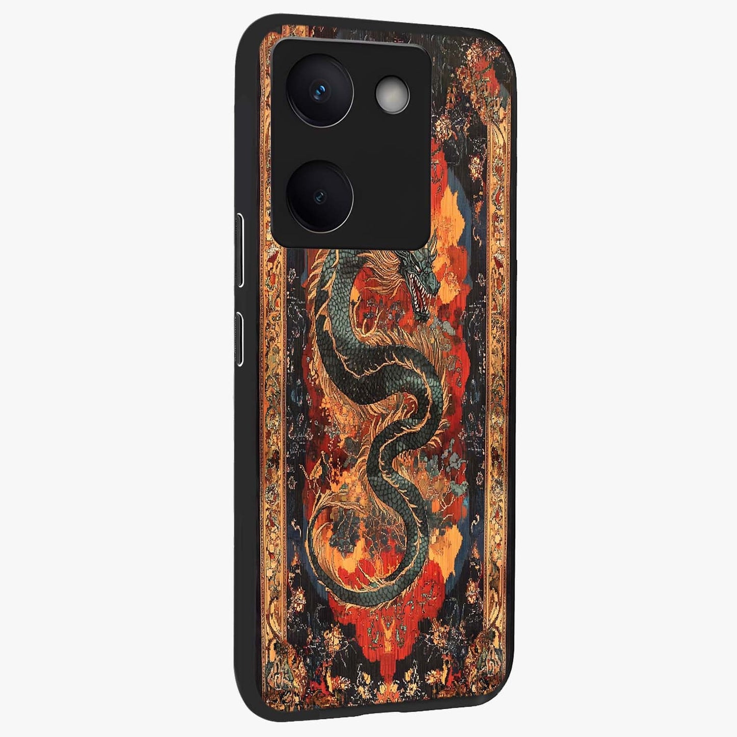 Inferno Dragon Soul Glass Case upright view showcasing intense dragon artwork with fantasy fire theme.