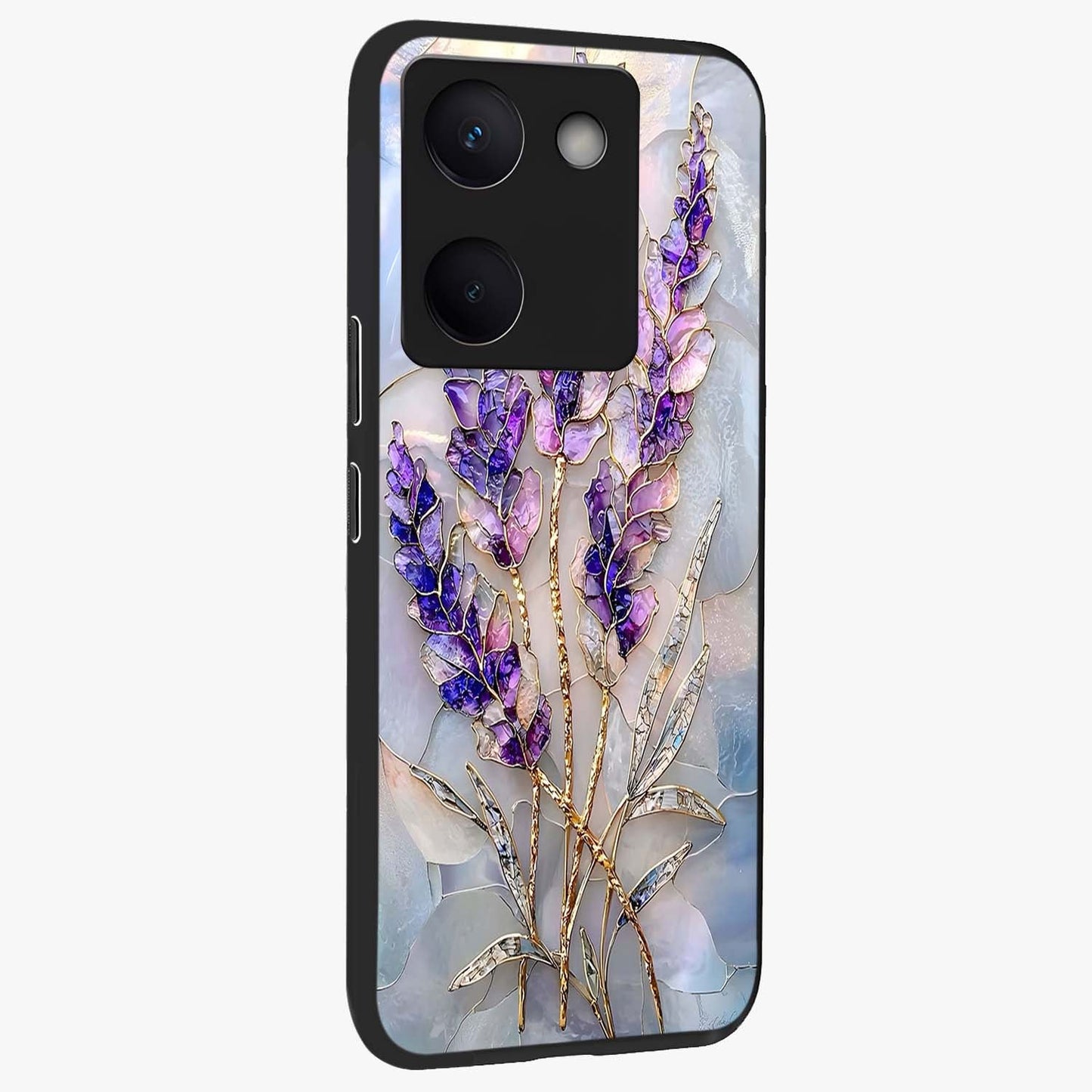 Lavender Dream Glow Glass Case upright view showcasing radiant lavender glow artwork with calming dreamy theme.