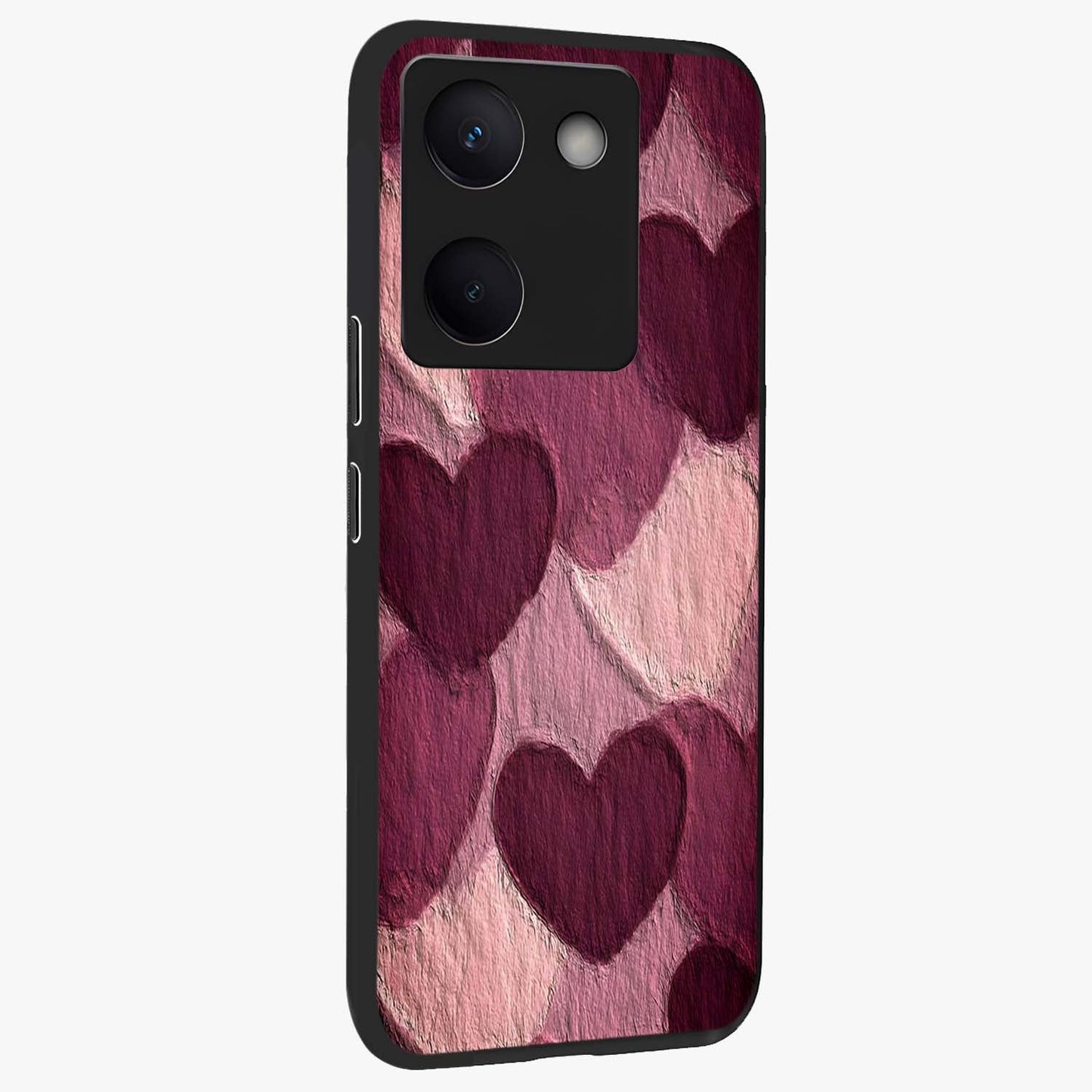 Layered Paper Hearts Glass Case upright view showcasing decorative layered heart artwork with sweet love theme.