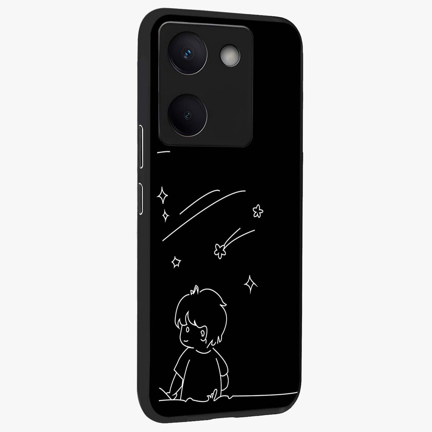 Line Art Boy With Shooting Stars Glass Case upright view showcasing artistic shooting star illustration with minimal style.