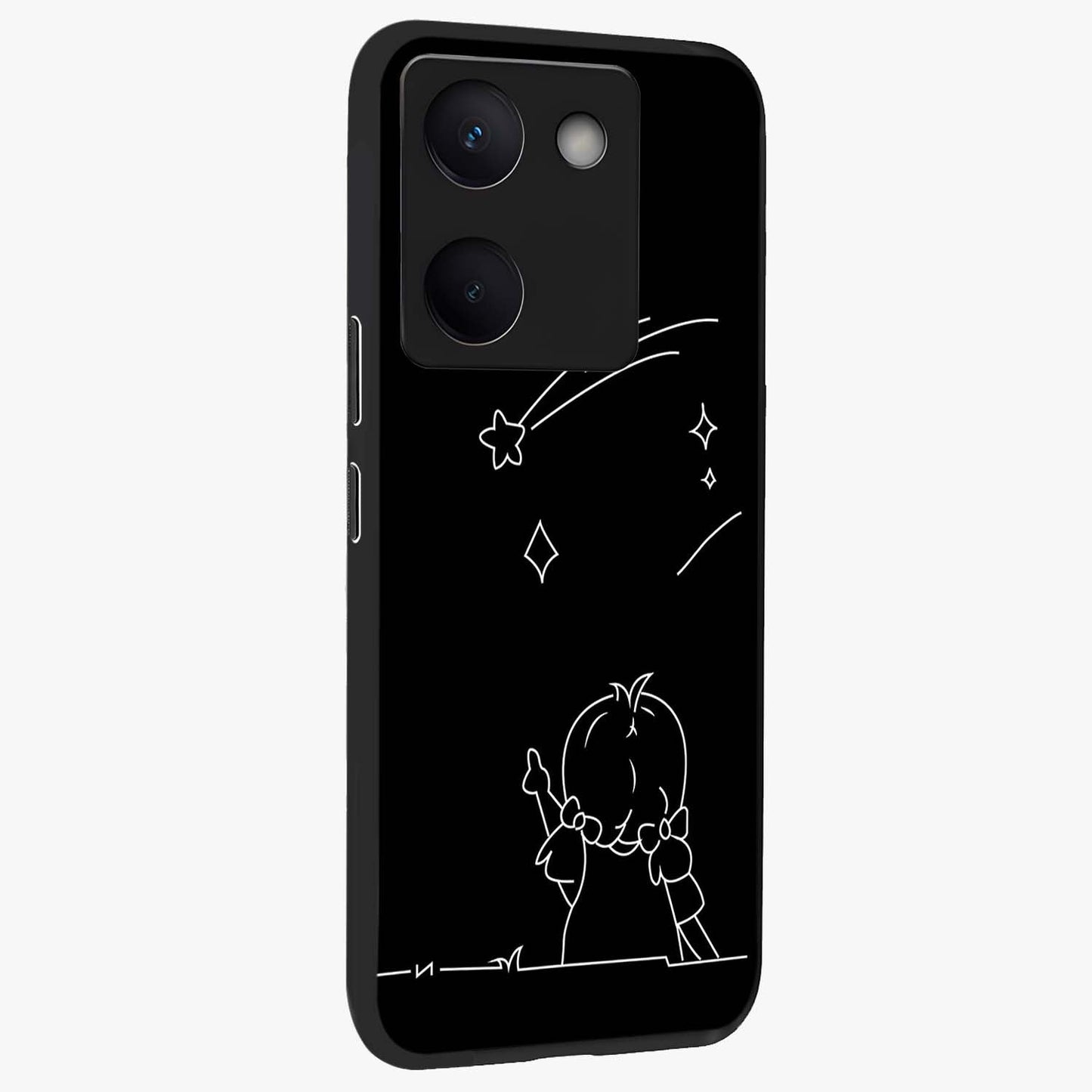 Line Art Girl With Shooting Stars Glass Case upright view showcasing delicate shooting stars artwork with minimal artistic theme.