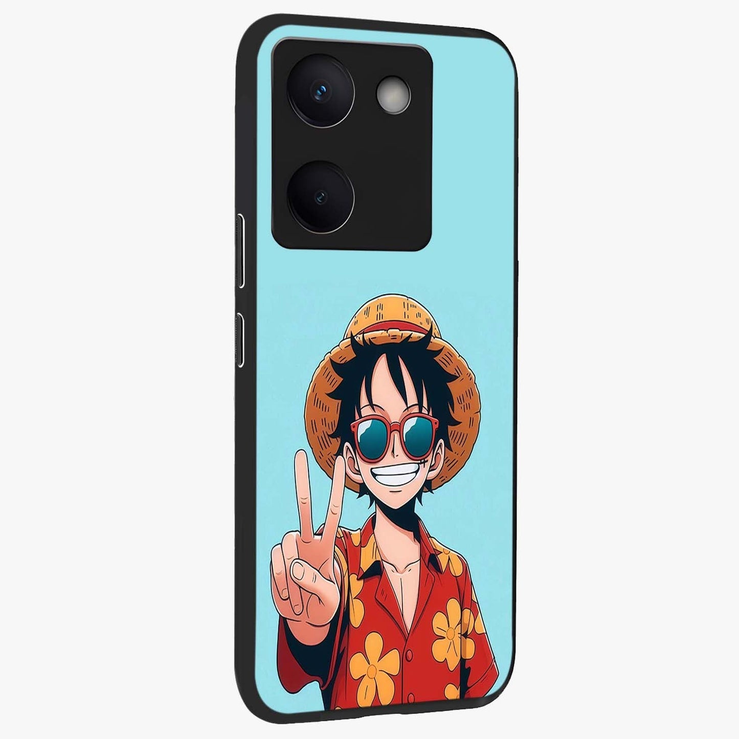 Luffy Summer Anime Vibe Glass Case upright view showcasing dynamic anime artwork with bright adventurous theme.
