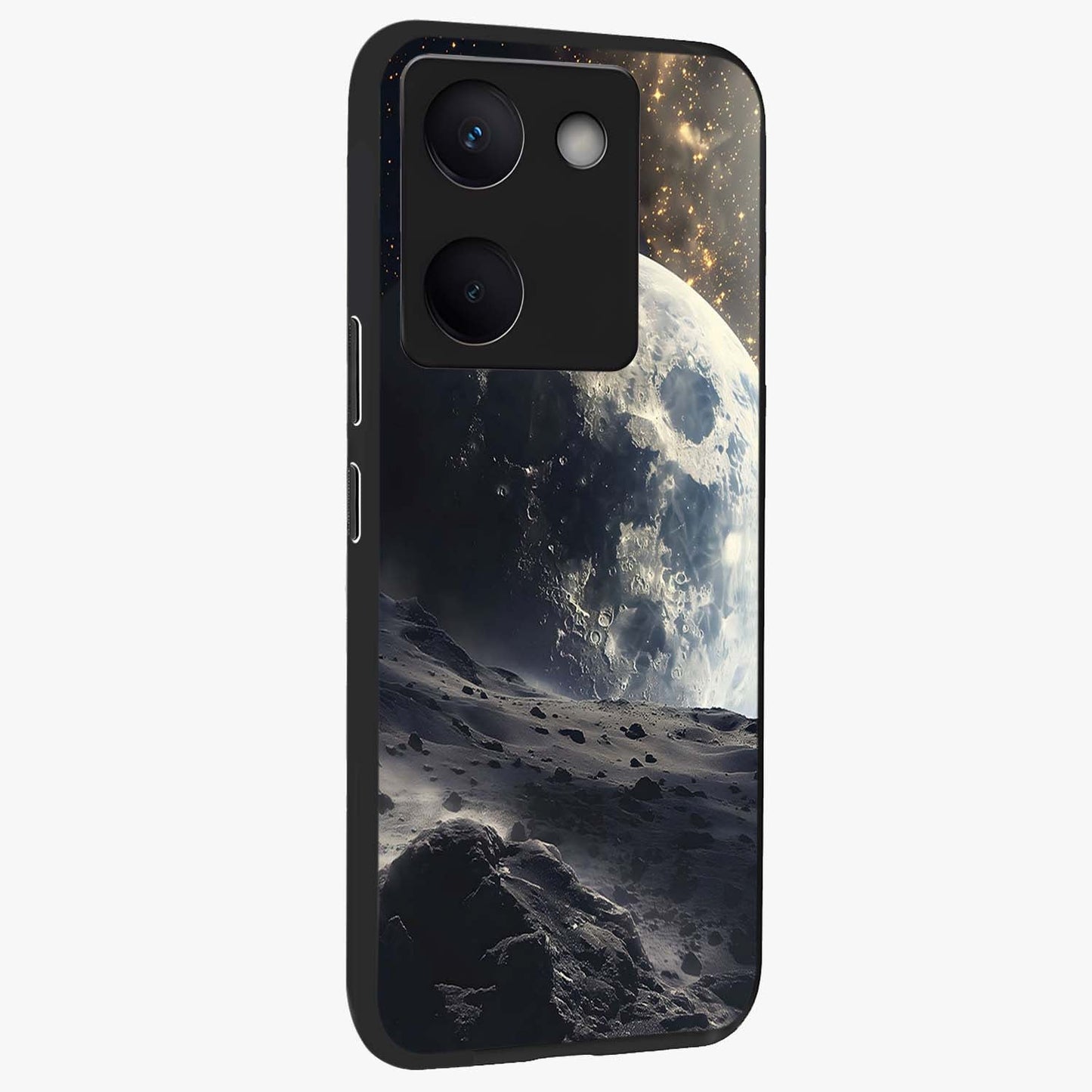 Lunar Horizon Glow Glass Case upright view showcasing radiant lunar artwork with calm cosmic theme.