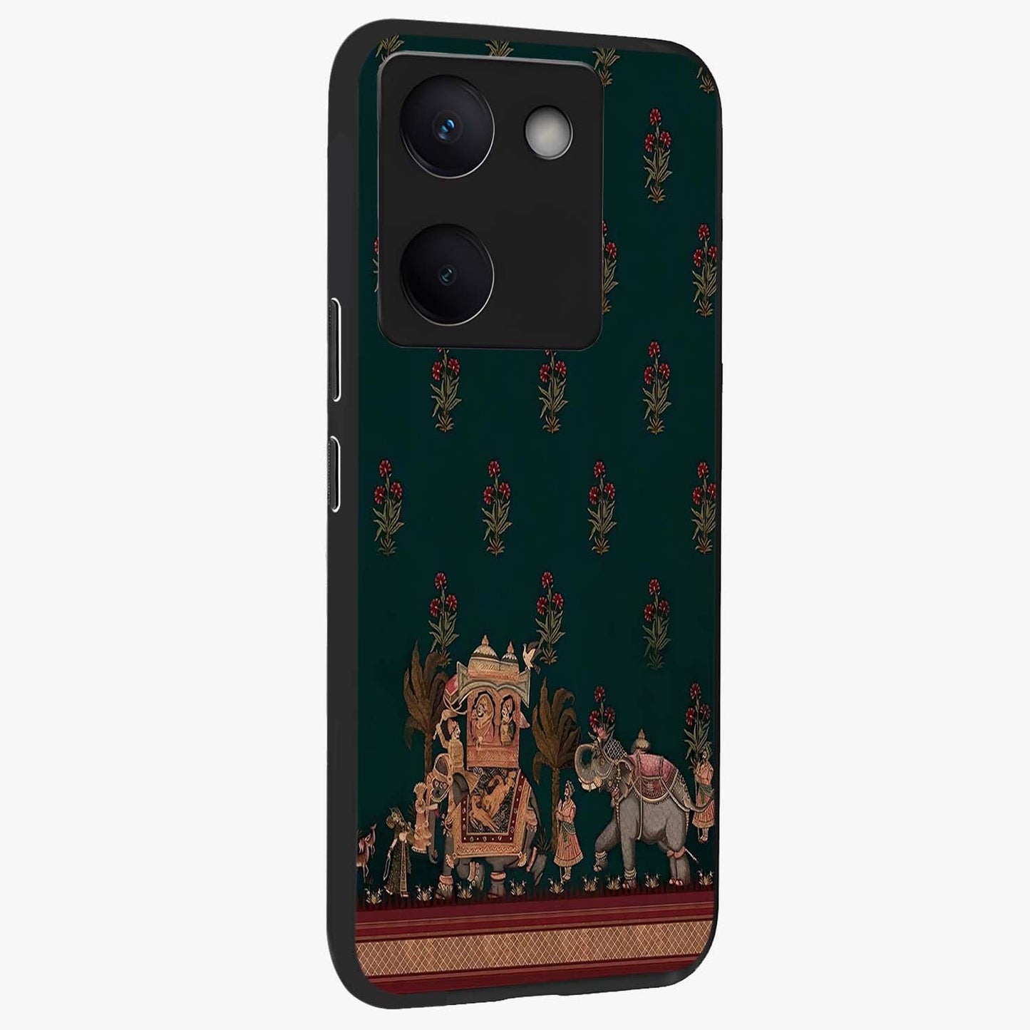 Macmerise Glass Case upright view showcasing bold artistic artwork with contemporary design theme.