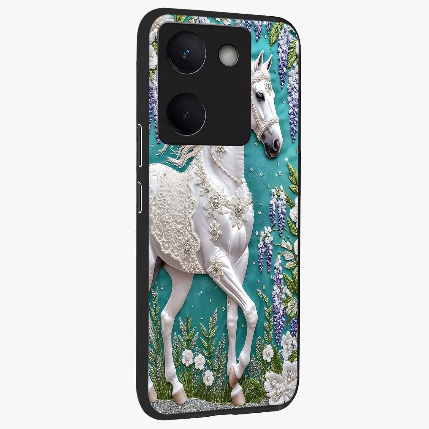 Majestic Floral Stallion Glass Case upright view showcasing dramatic horse artwork with decorative floral theme.