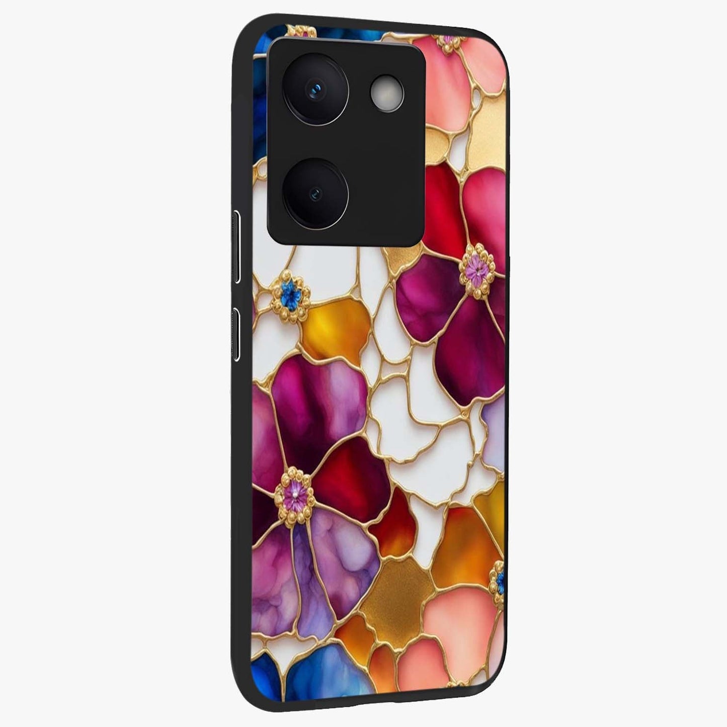 Marble Flower Pattern Glass Case upright view showcasing decorative marble flower artwork with refined style.