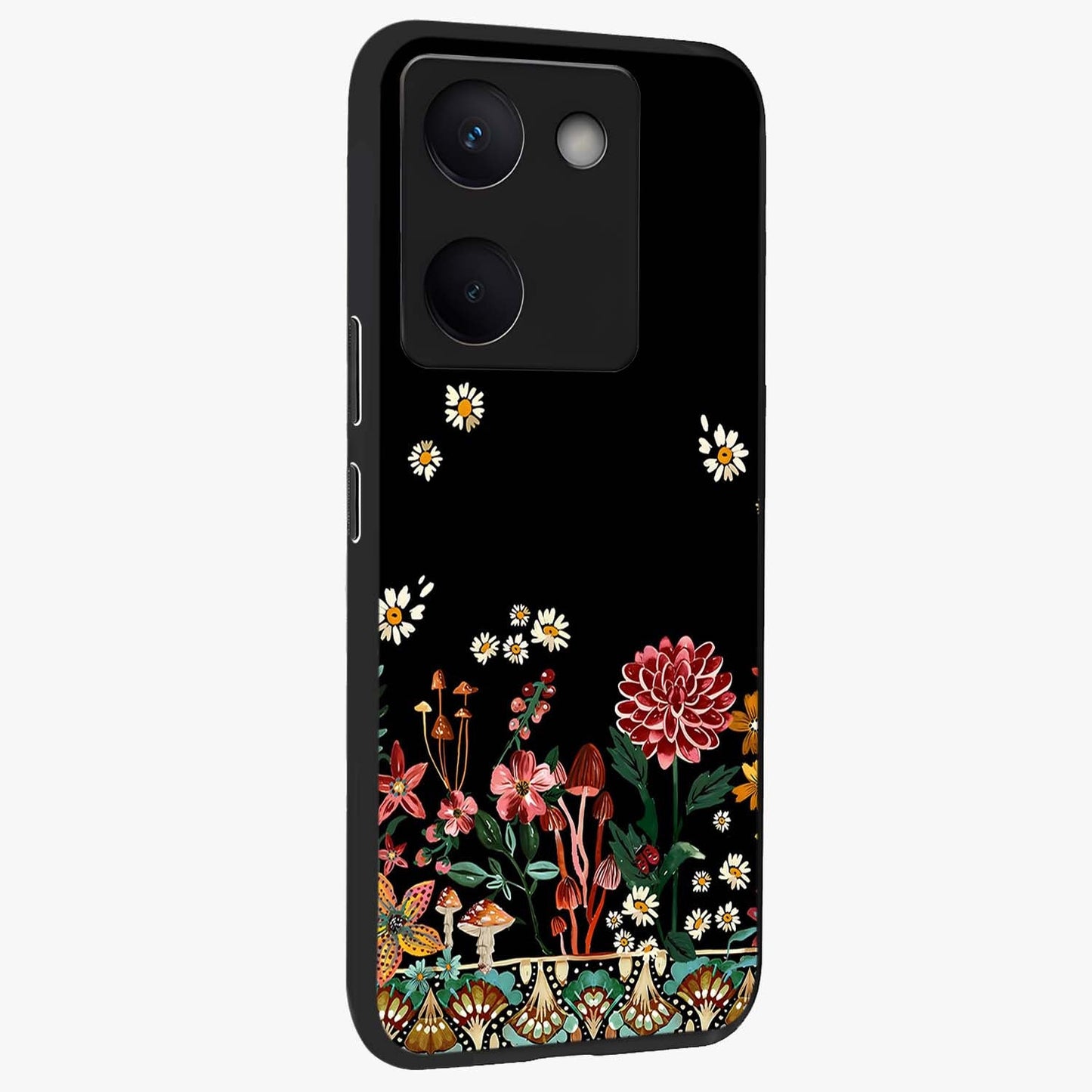 Midnight Bloom Pattern Glass Case upright view showcasing decorative floral artwork with deep night themed palette.