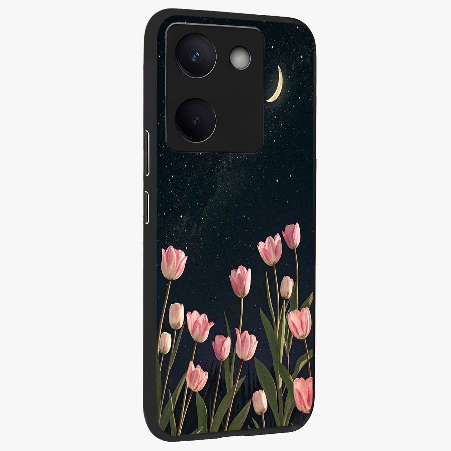 Midnight Tulip Whispers Vibe Glass Case upright view showcasing graceful tulip artwork with calm botanical theme.