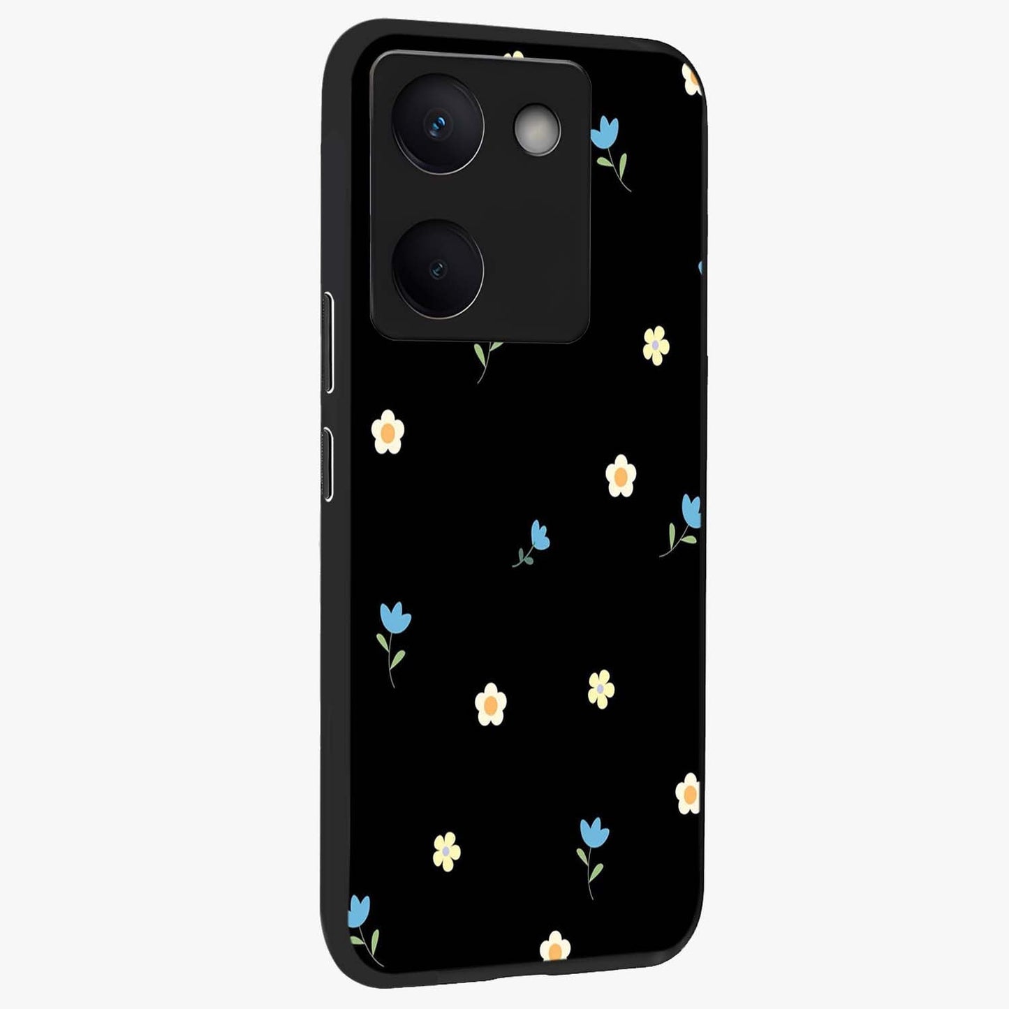 Minimal Petal Whispers Glass Case upright view showcasing elegant floral artwork with modern minimalist style.