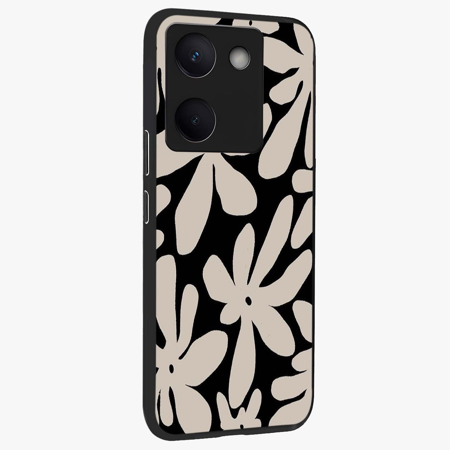 Monochrome Petal Dance Glass Case upright view showcasing artistic floral pattern with stylish monochrome theme.