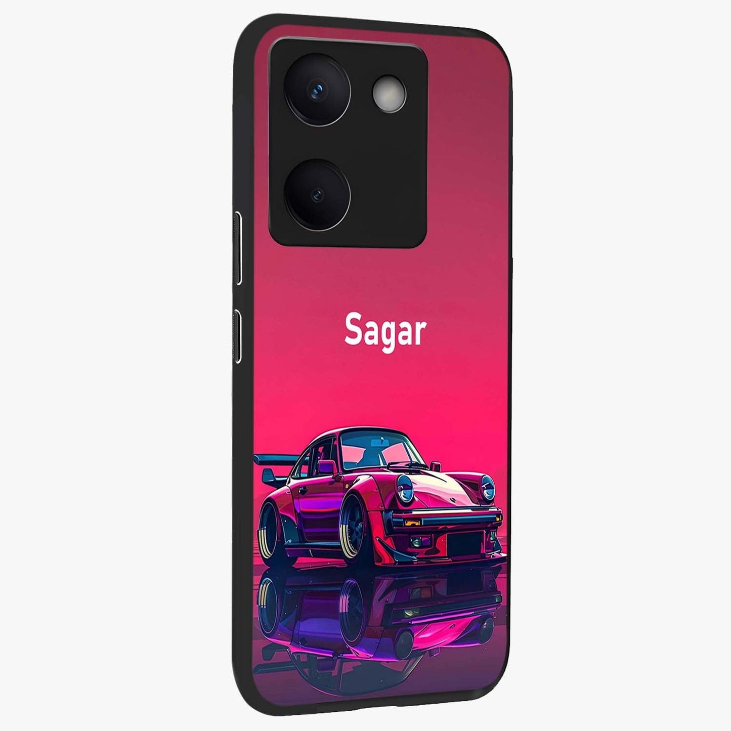 Neon Pink Porsche Glass Case upright view showcasing vibrant sports car artwork with bold automotive theme.