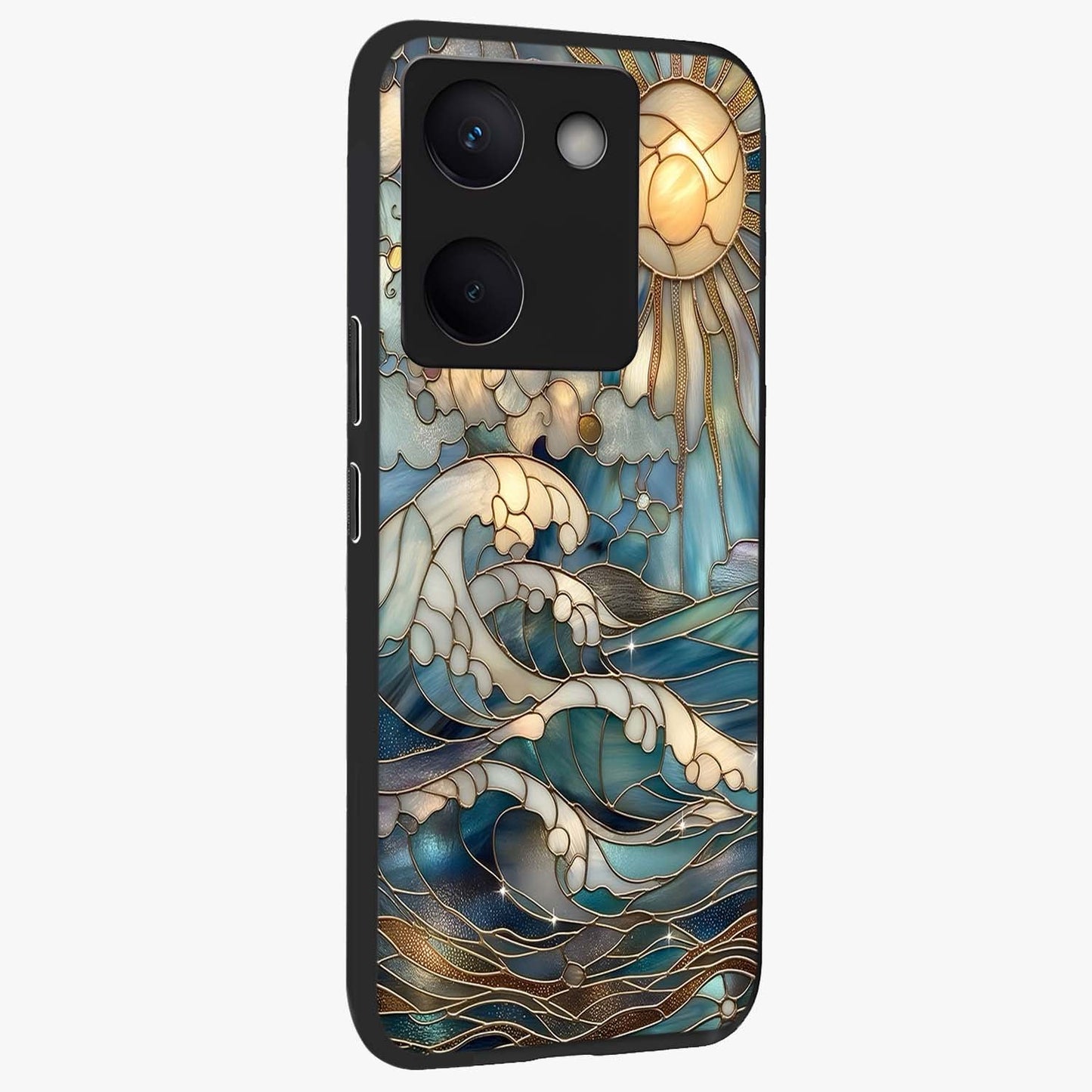 Oceanic Stained Printed Glass Case upright view showcasing decorative ocean pattern artwork with vibrant marine theme.