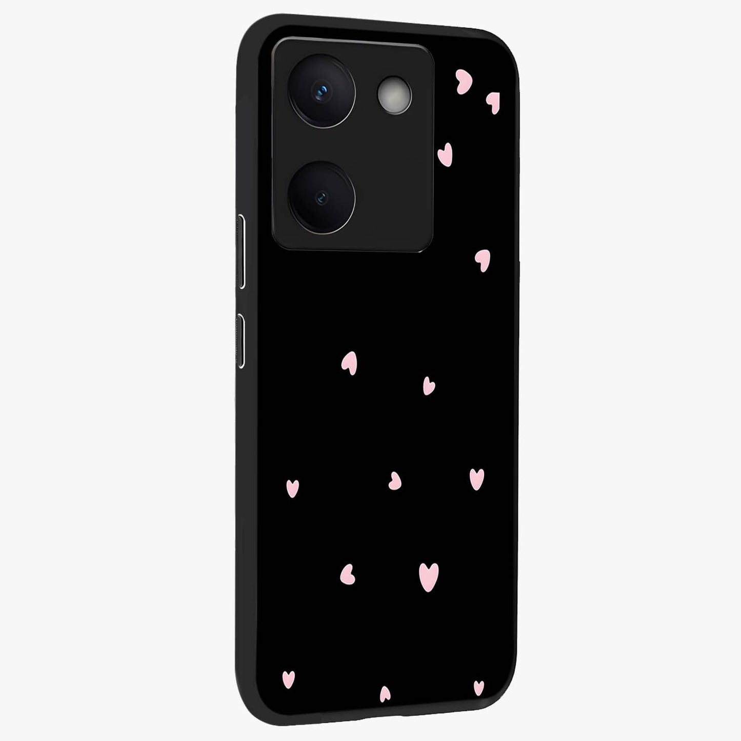 Pink Love Drops Glass Case upright view showcasing charming heart drop artwork with romantic playful theme.