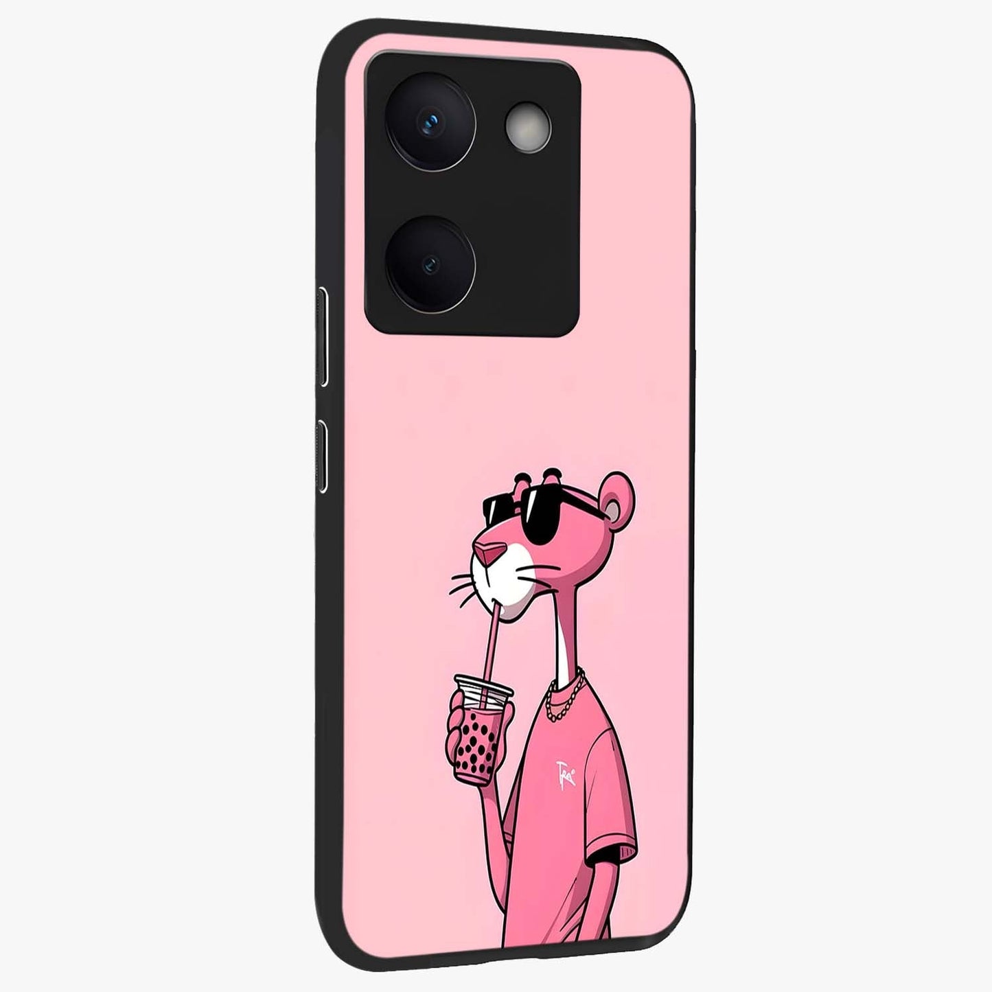 Pink Panther Glass Case upright view showcasing fun animated artwork with stylish retro cartoon theme.