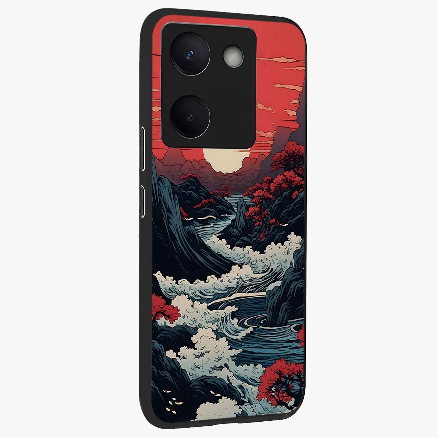 Red Sunset Scenery Glass Case upright view showcasing dramatic sunset scenery artwork with warm nature theme.