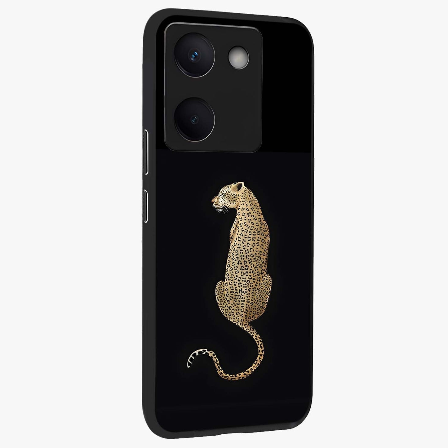 Regal Leopard Glass Case upright view showcasing striking leopard artwork with fierce wildlife theme.