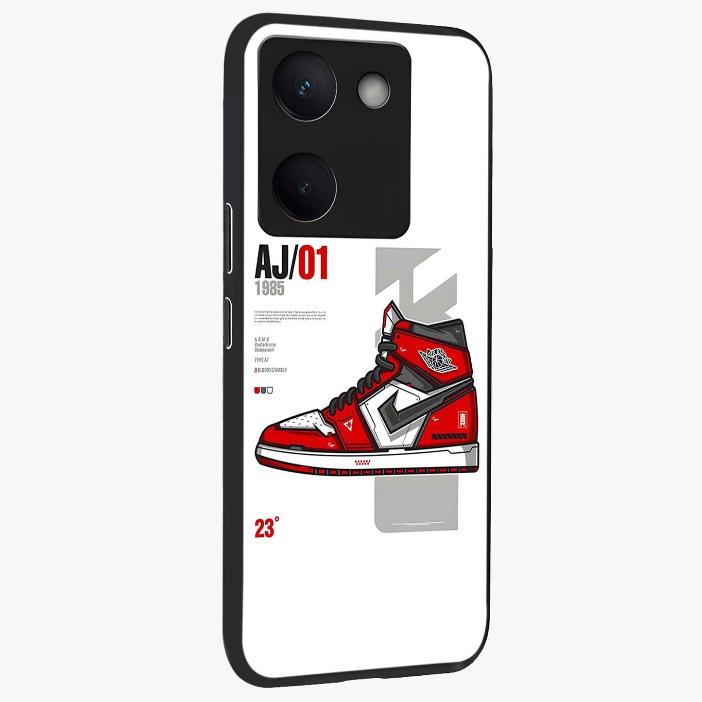 Retro Sneaker Blueprint Glass Case upright view showcasing stylish sneaker illustration with vintage streetwear theme.