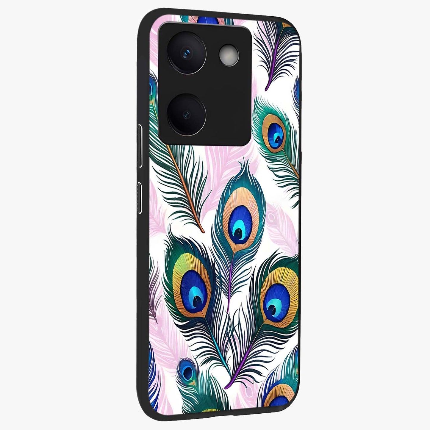 Royal Peacock Feathers Glass Case upright view showcasing elegant peacock feather artwork with decorative royal theme.