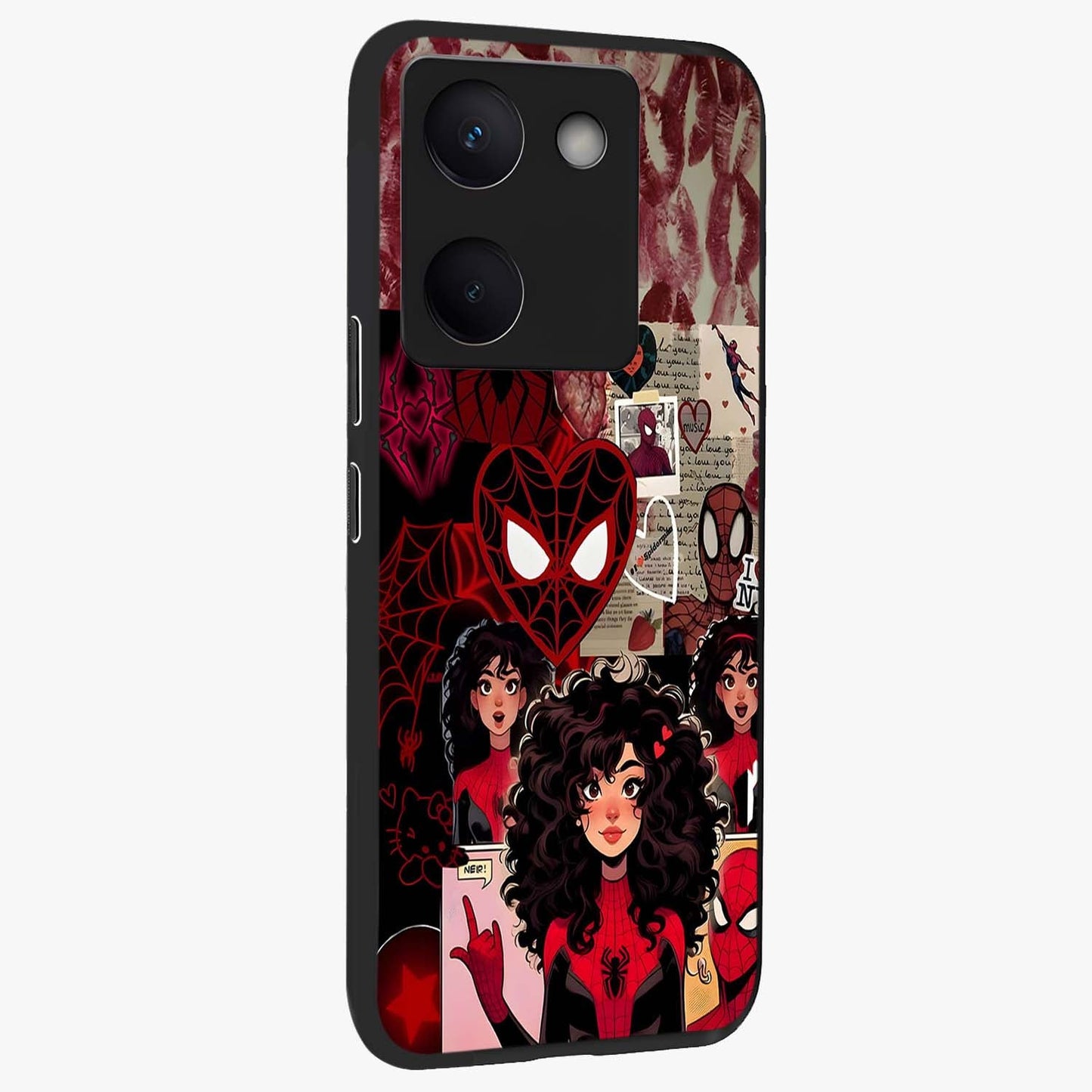 Spider Love Story Glass Case upright view showcasing charming superhero artwork with romantic comic theme.