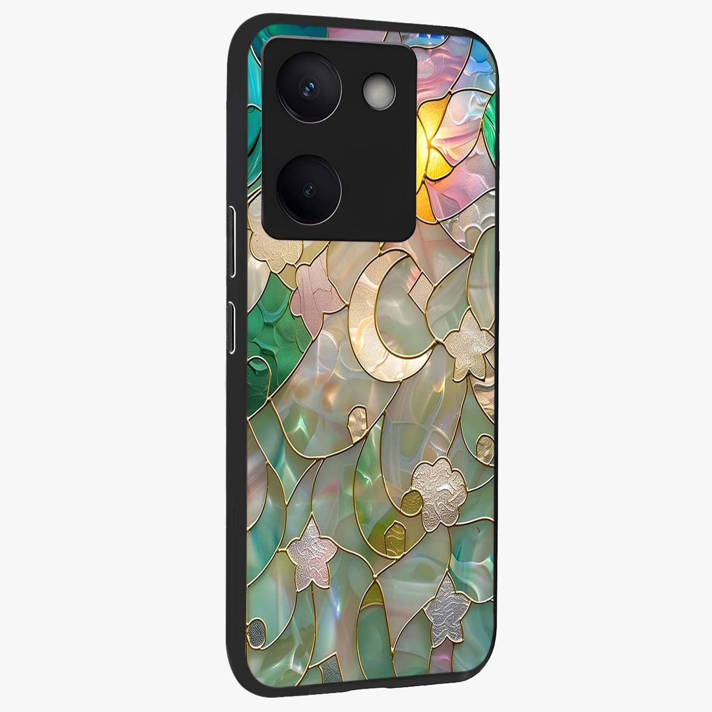 Stained Sunrise Glow Glass Case upright view showcasing colorful sunrise artwork with warm morning theme.