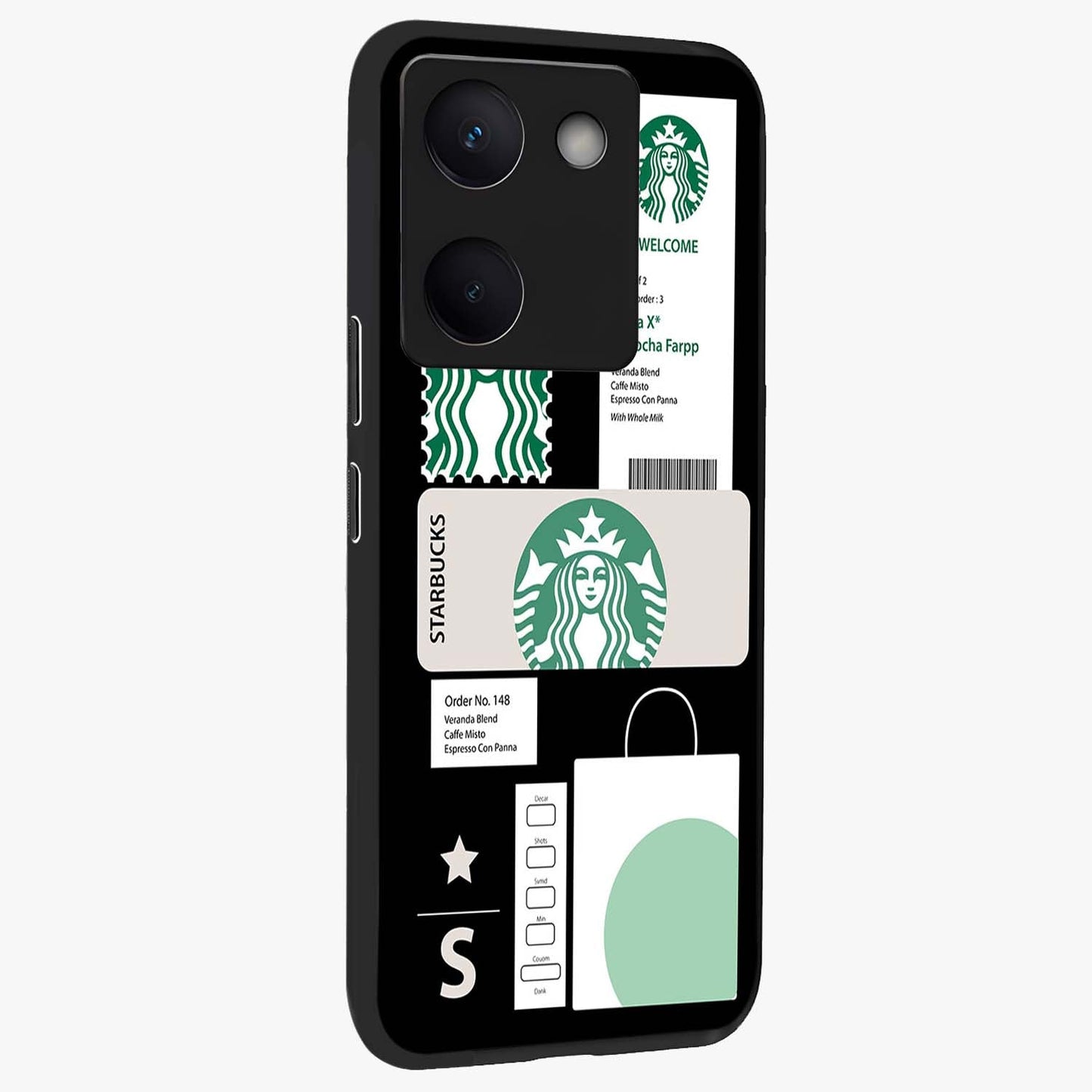 Starbucks Mocha Glass Case upright view showcasing trendy coffee inspired artwork with modern lifestyle theme.