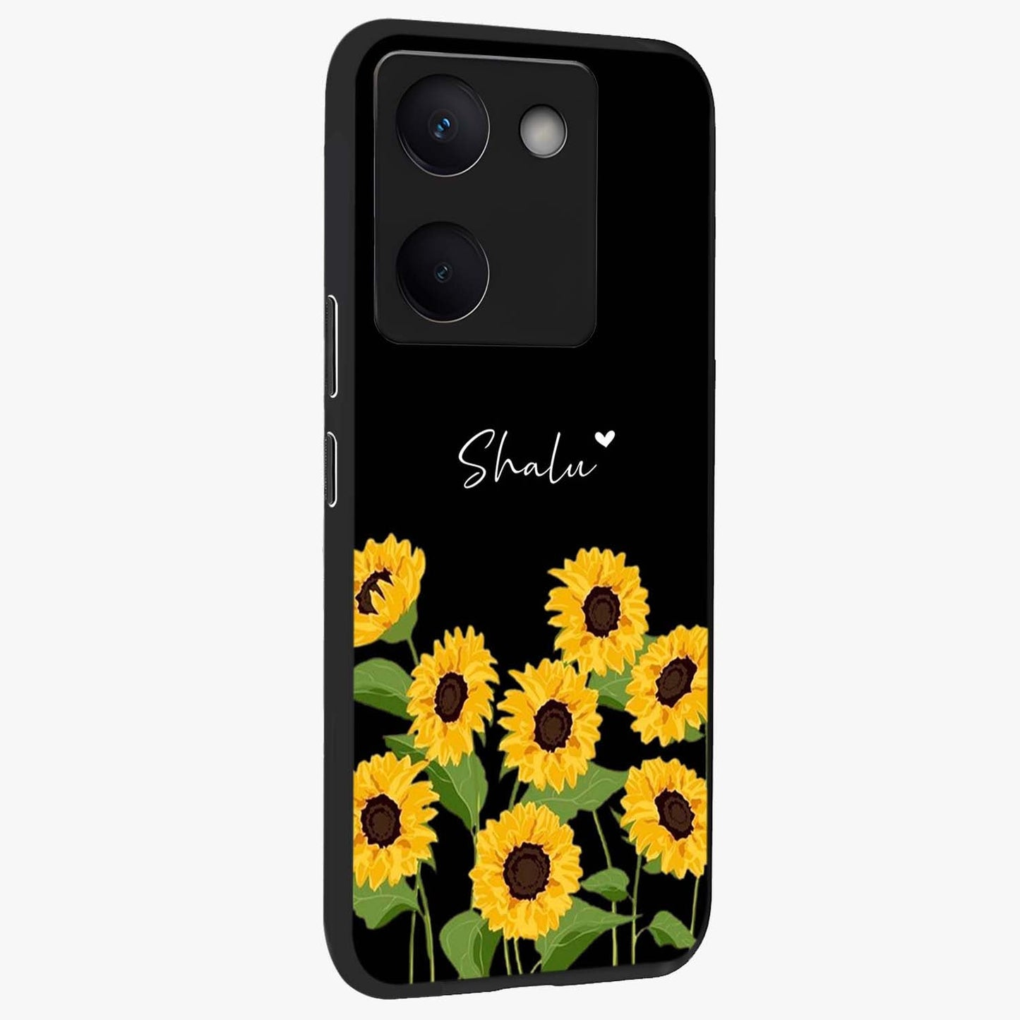 Sunflower Chic Mood Custom Name Glass Case upright view showcasing cheerful sunflower artwork with trendy floral theme.