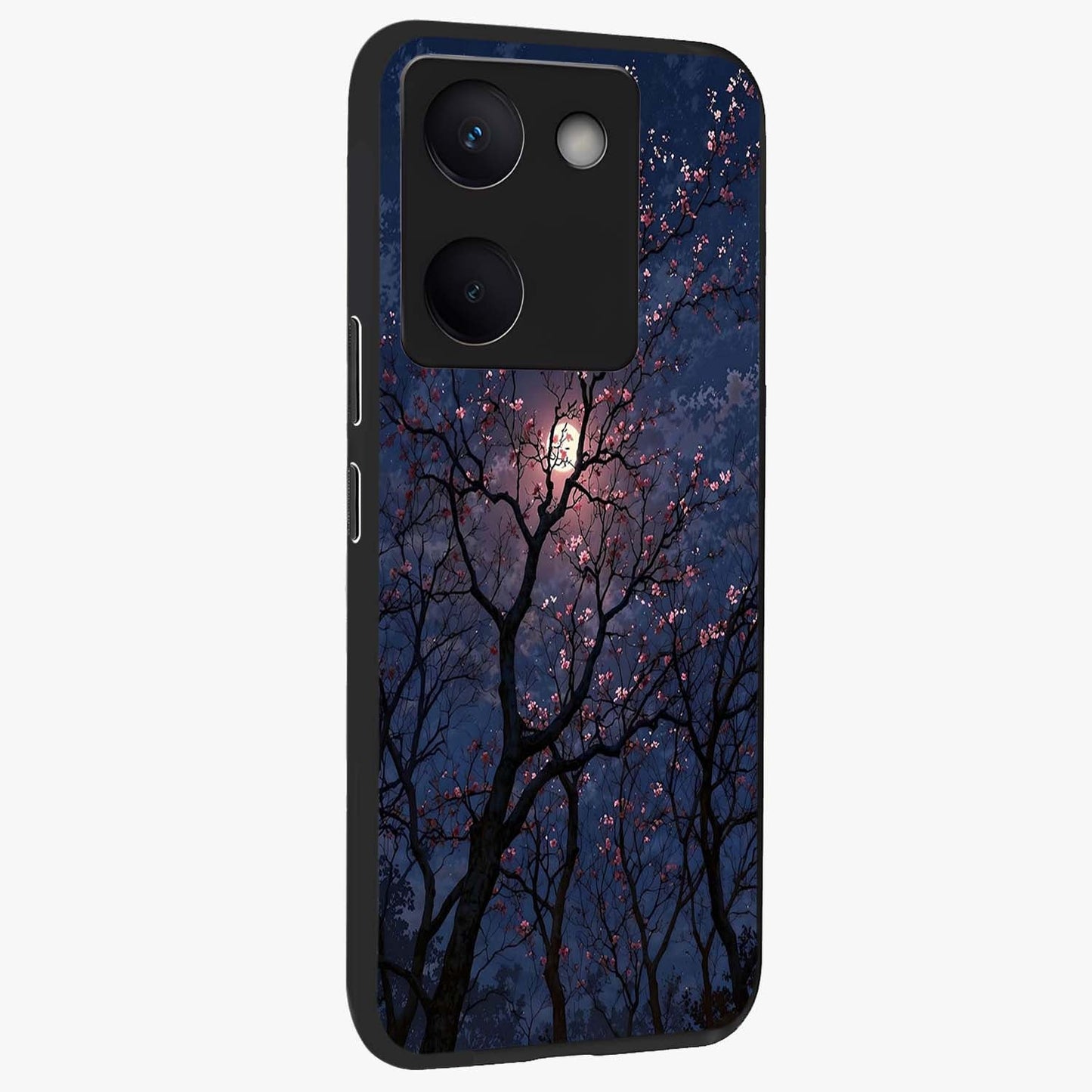 Twilight Sakura Serenade Glass Case upright view showcasing beautiful cherry blossom artwork with serene evening theme.