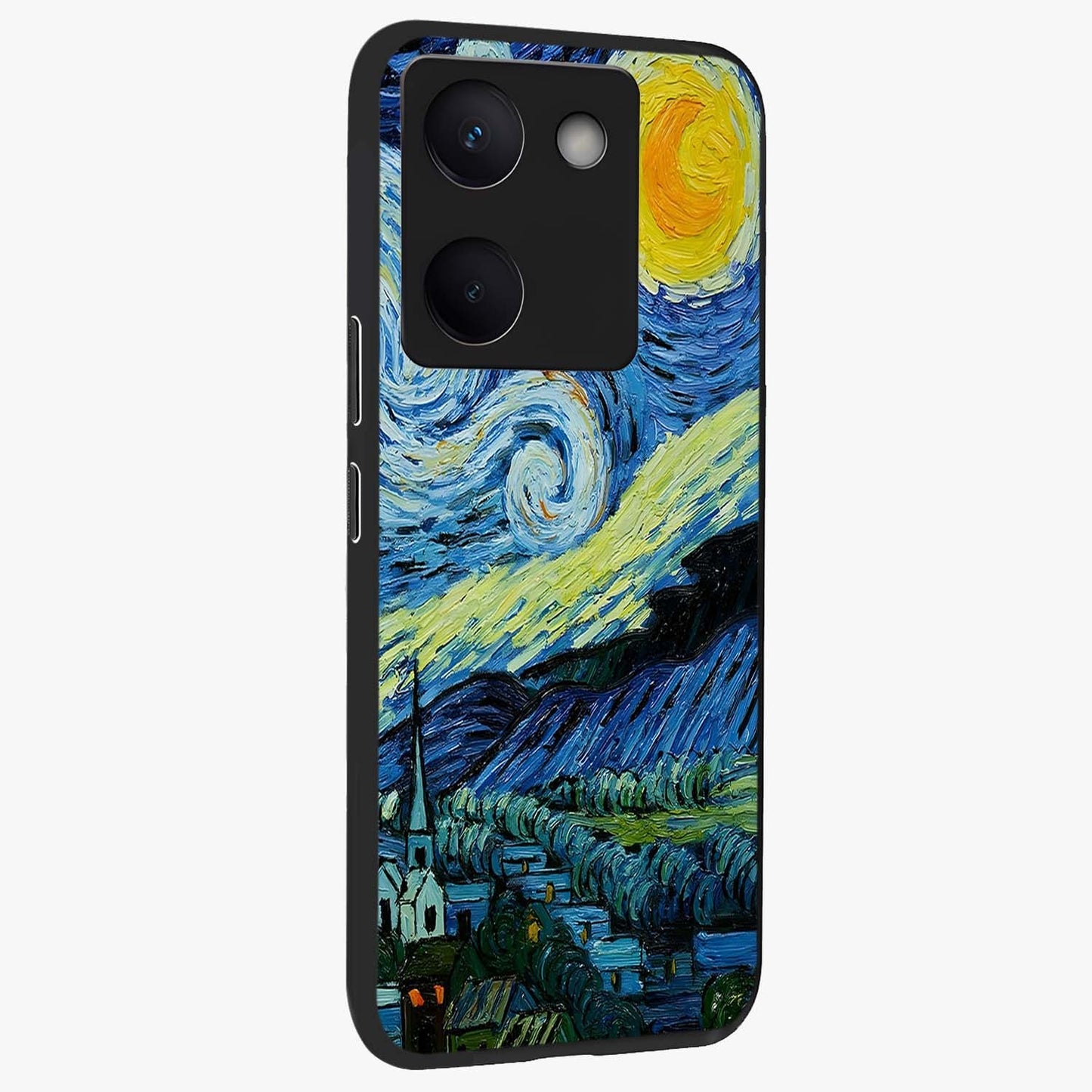 Van Gogh Art Glass Case upright view showcasing expressive painting style artwork with timeless artistic theme.