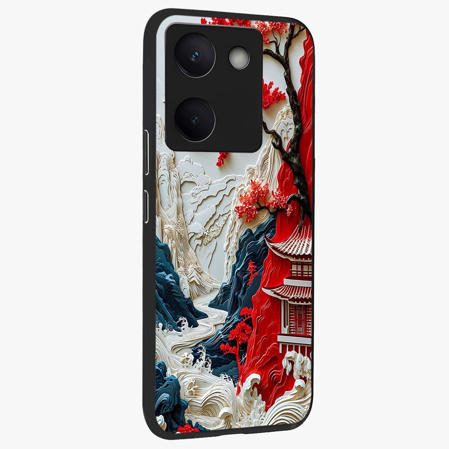 Whispers Of Sakura Waves Glass Case upright view showcasing delicate cherry blossom artwork with elegant nature theme.