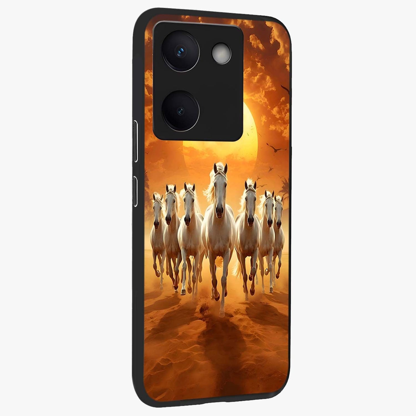 Wild Sunset Majesty Glass Case upright view showcasing dramatic sunset artwork with bold nature theme.