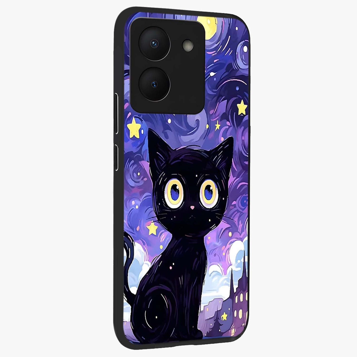 Abstract Cat Art Glass Case upright view showcasing creative feline illustration and aesthetic artistic style.