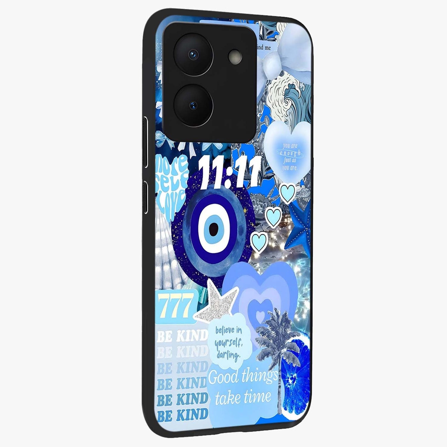 Aesthetic Be Kind Eye Glass Case upright view showcasing stylish eye illustration with positive message theme.