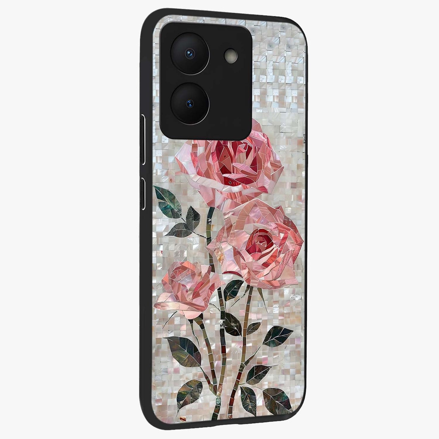 Blush Mosaic Bloom Glass Case upright view showcasing decorative floral mosaic artwork with stylish modern aesthetic.