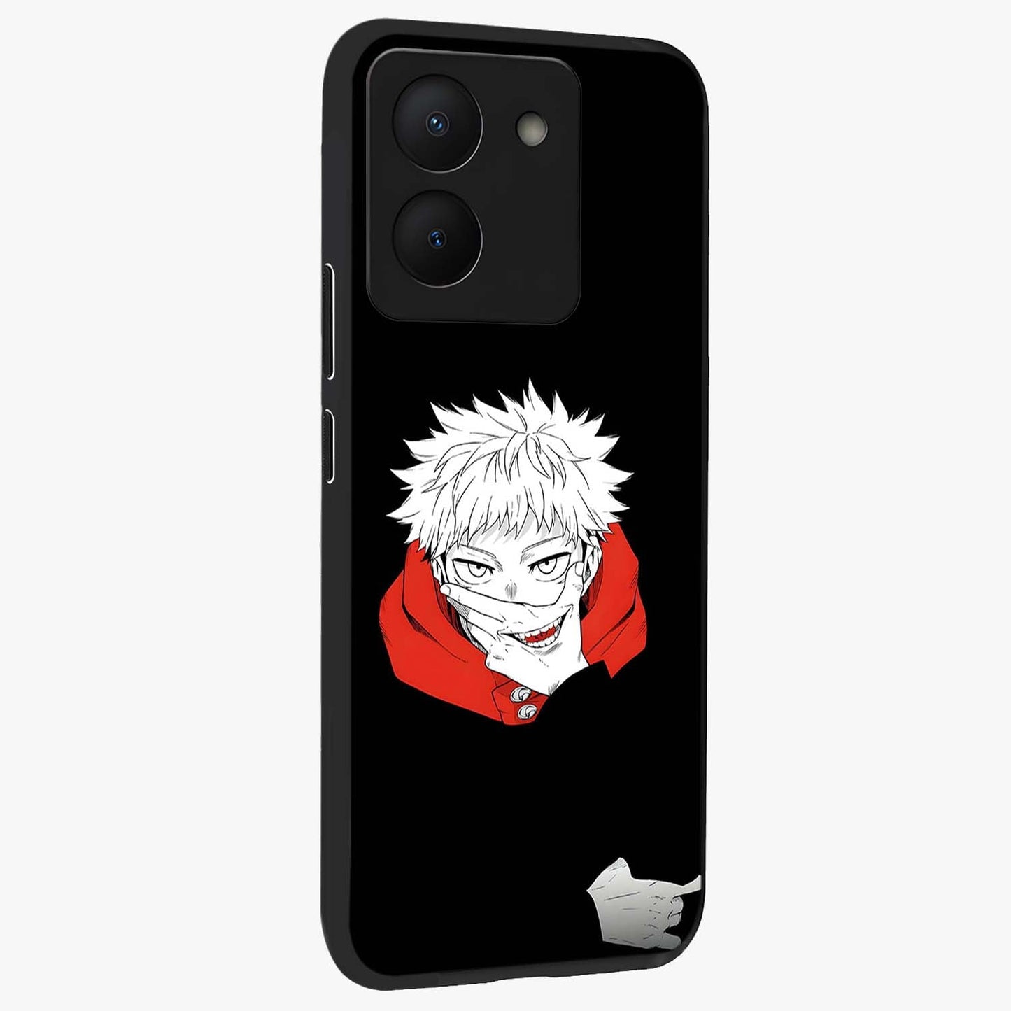 Crimson Chaos Smile Glass Case upright view showcasing expressive chaotic artwork with striking visual theme.
