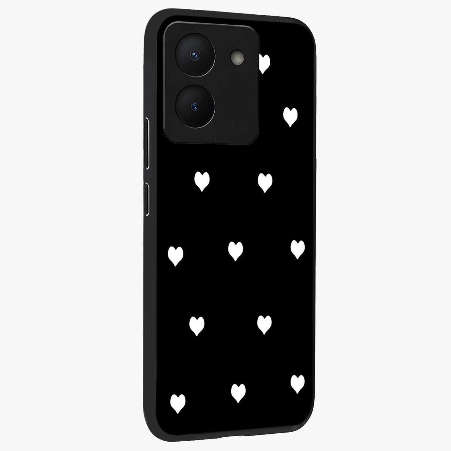 Cute And Simple White Hearts Glass Case upright view showcasing simple white hearts artwork with soft minimal theme.