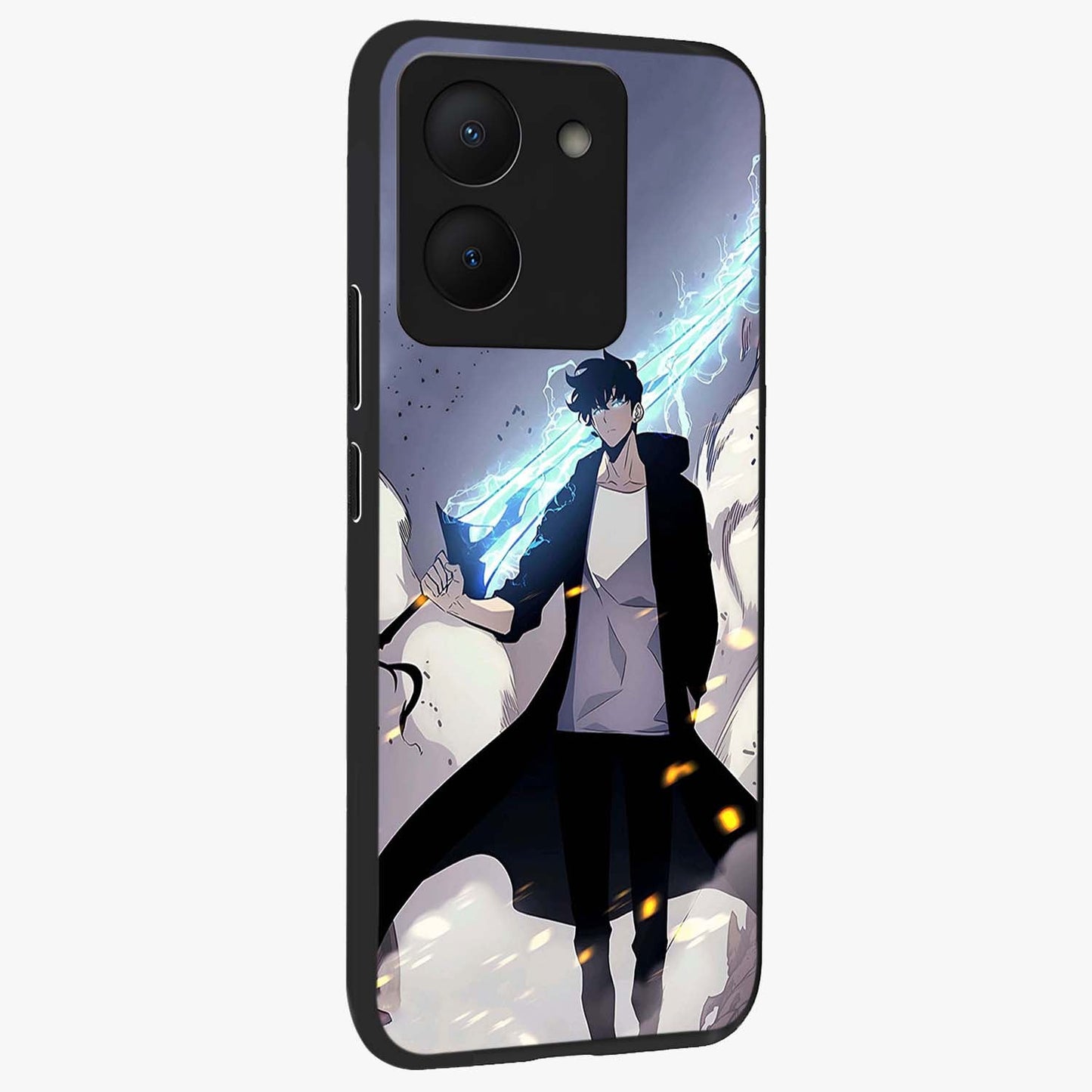 Dark Lightning Anime Warrior Glass Case upright view showcasing dramatic warrior artwork with dark lightning aesthetic.