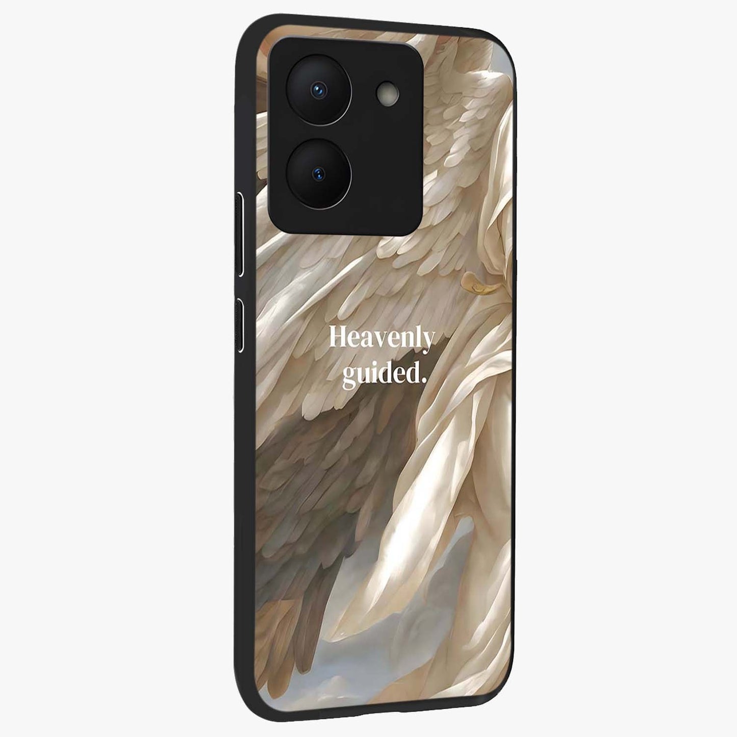 Divine Winged Grace Glass Case upright view showcasing spiritual wing artwork with soft celestial theme.
